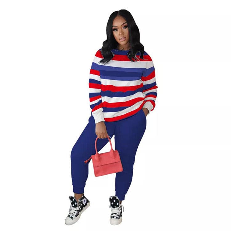 Fall 2022 New Trendy Stripe Women Stripe Polyester Pullover Sportswear Tracksuits 2 Piece Set for Woman Top +Pants Suit Set