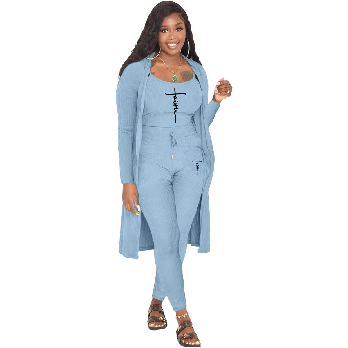 Fall 2022 Women Clothes 3PCS Pit Printed Letter Cami Top & Pants Set With Longline Coat