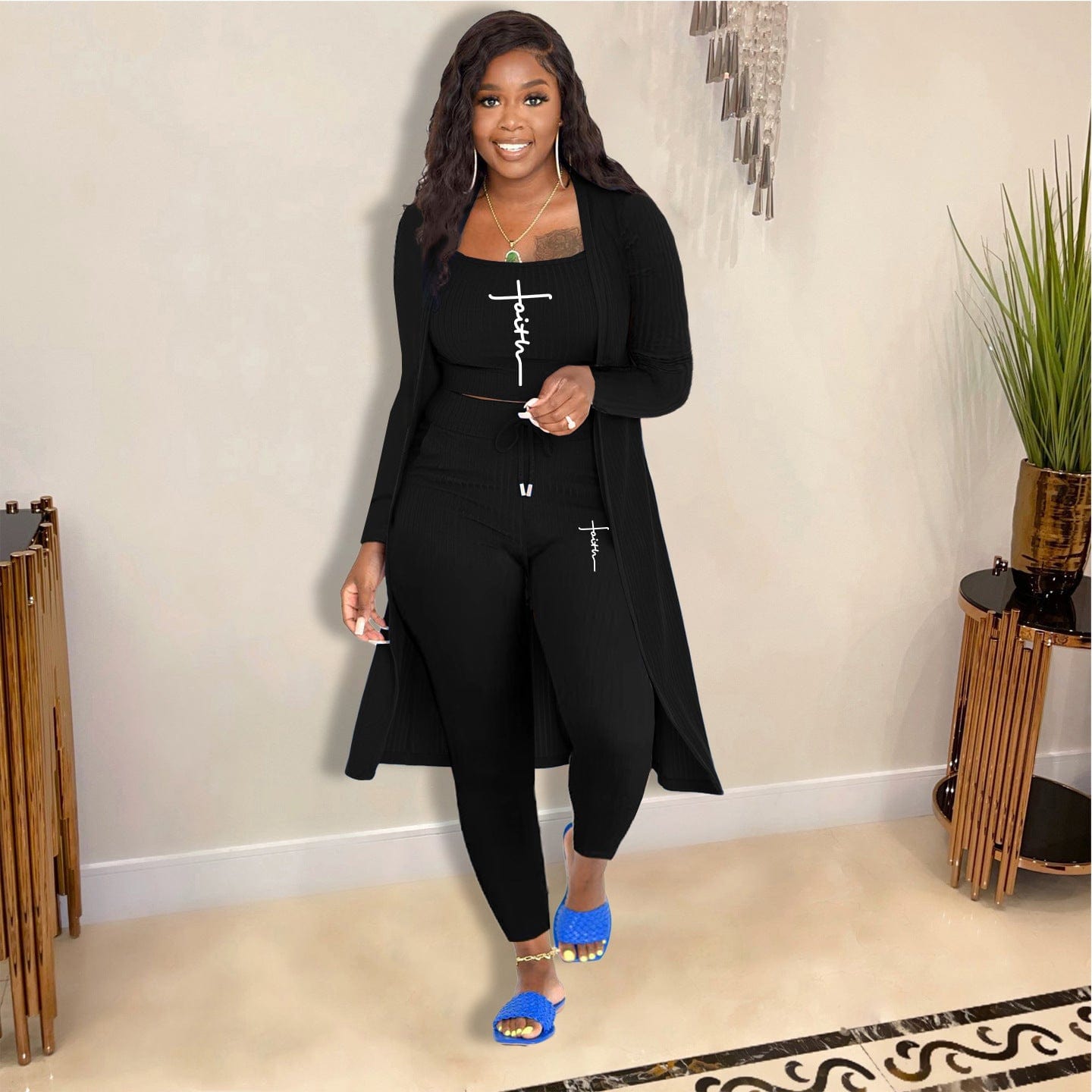 Fall 2022 Women Clothes 3PCS Pit Printed Letter Cami Top & Pants Set With Longline Coat