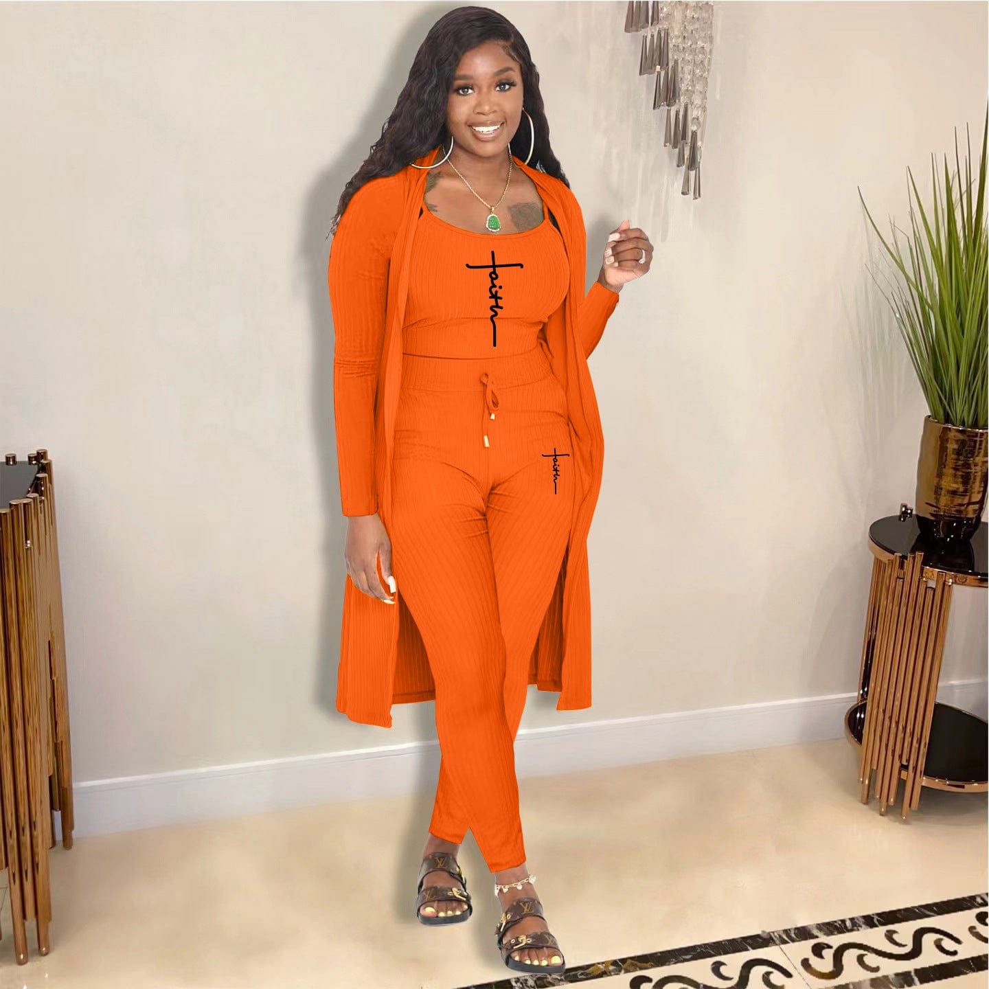 Fall 2022 Women Clothes 3PCS Pit Printed Letter Cami Top & Pants Set With Longline Coat