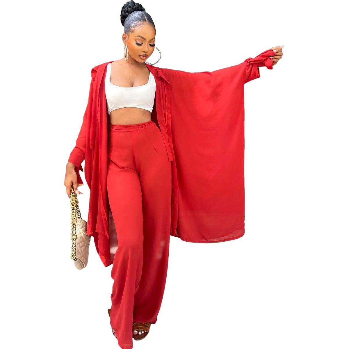 Fall 2022 Women Clothes Casual Solid Lace-Up Sleeve Cardigan Micro Pleated Wide Leg Pants Set