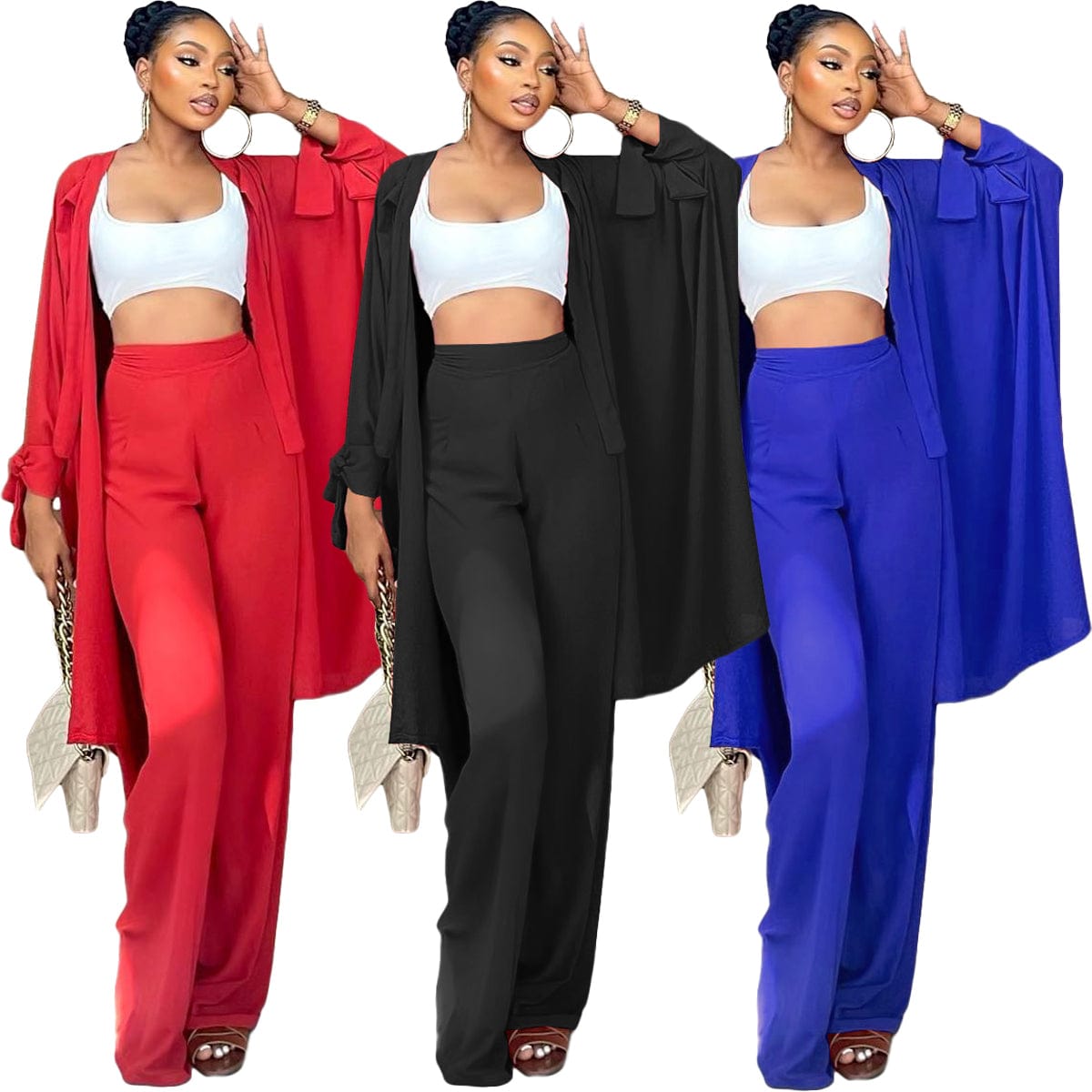 Fall 2022 Women Clothes Casual Solid Lace-Up Sleeve Cardigan Micro Pleated Wide Leg Pants Set