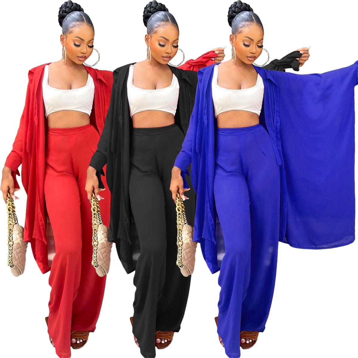 Fall 2022 Women Clothes Casual Solid Lace-Up Sleeve Cardigan Micro Pleated Wide Leg Pants Set