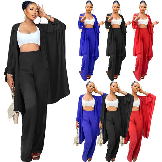Fall 2022 Women Clothes Casual Solid Lace-Up Sleeve Cardigan Micro Pleated Wide Leg Pants Set