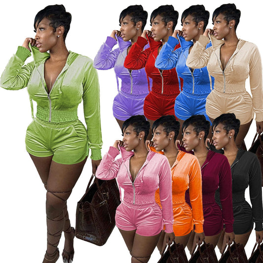 Fall 2022 women clothes wholesale Hooded Velvet Ruffle crop top and Shorts Irregular Lounge two piece set women clothing