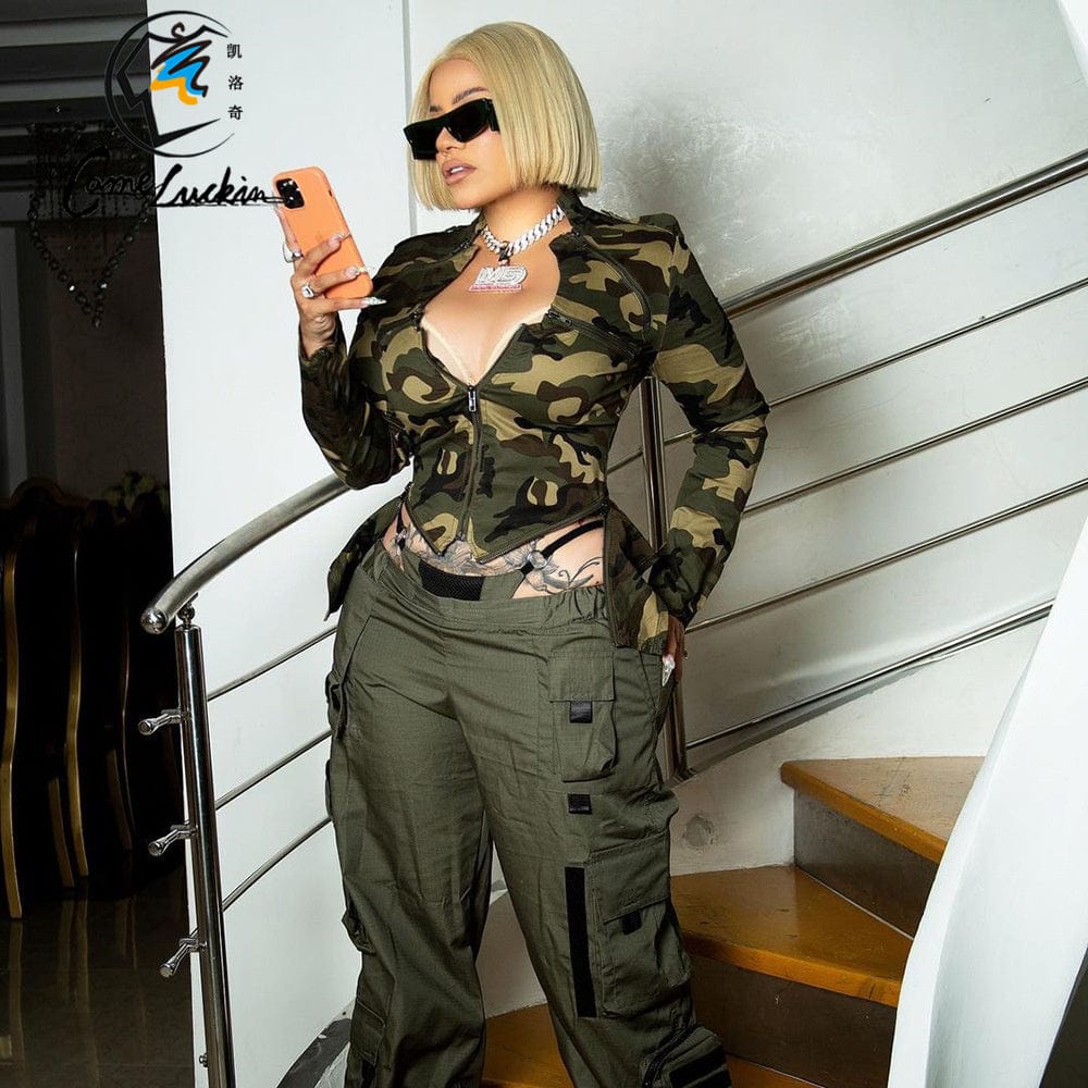 Fall 2023 women Camouflage Zipper Stand Collar Jackets Women Crop Designed Leisure Sporty Slim  Overcoat