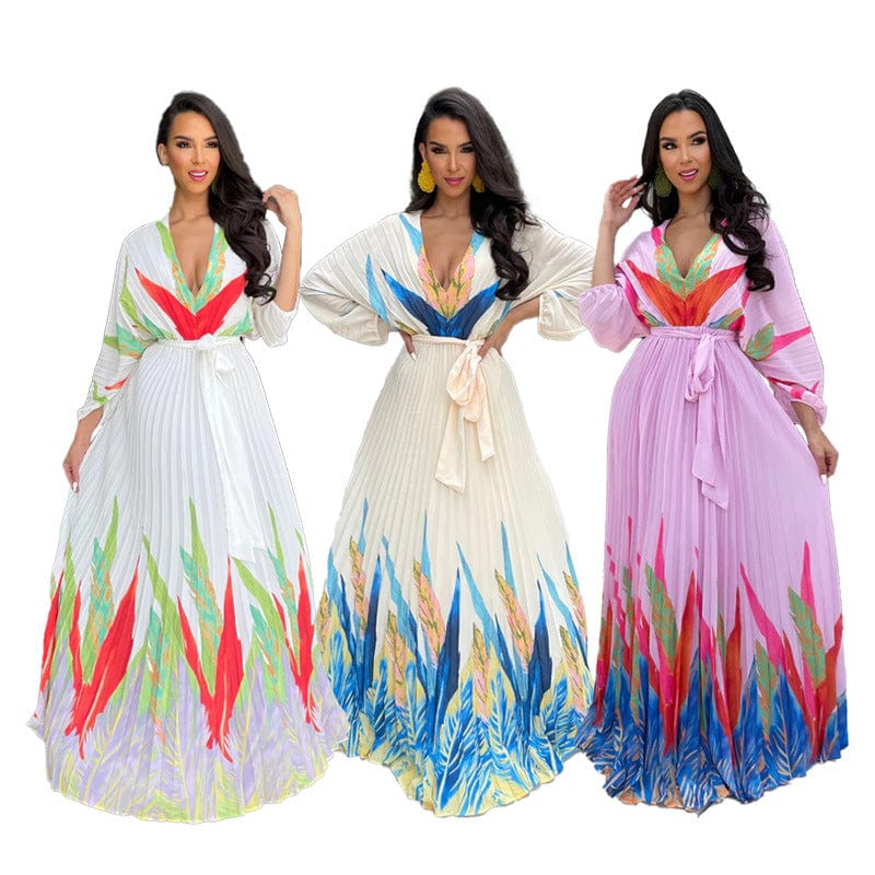 Fall 2023 Women Designer Clothes V Neck Long Sleeve Waistband Printing Long Pleated Maxi Dresses  Elegant Bohemian Dresses