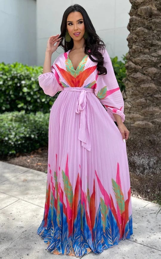 Fall 2023 Women Designer Clothes V Neck Long Sleeve Waistband Printing Long Pleated Maxi Dresses  Elegant Bohemian Dresses