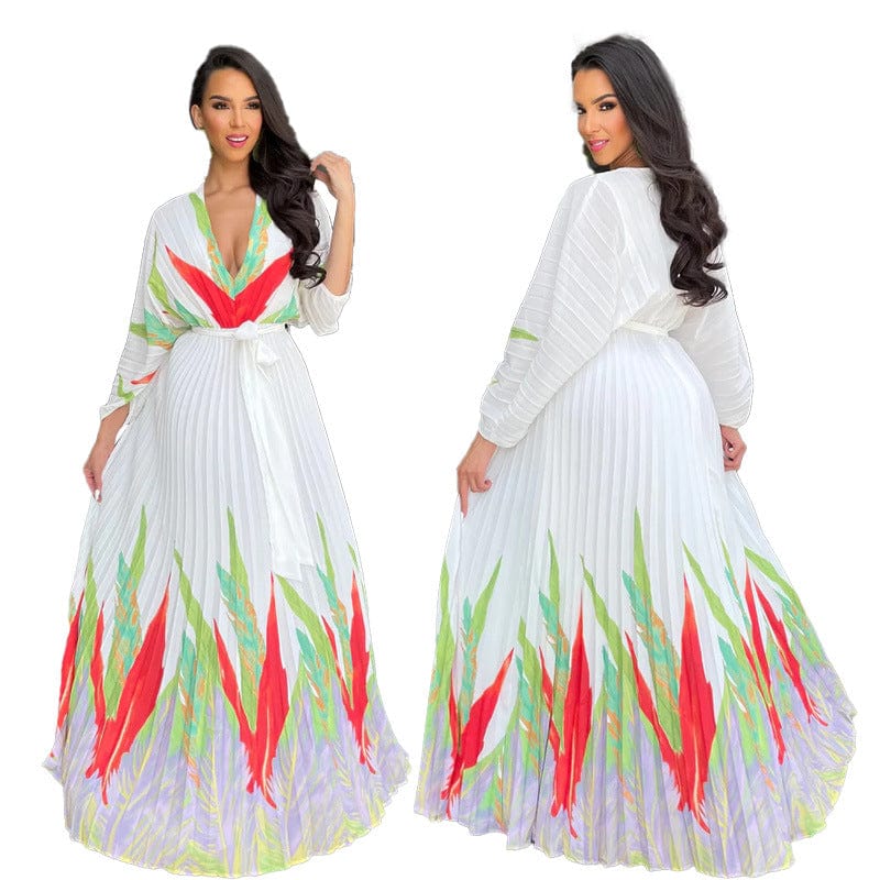 Fall 2023 Women Designer Clothes V Neck Long Sleeve Waistband Printing Long Pleated Maxi Dresses  Elegant Bohemian Dresses