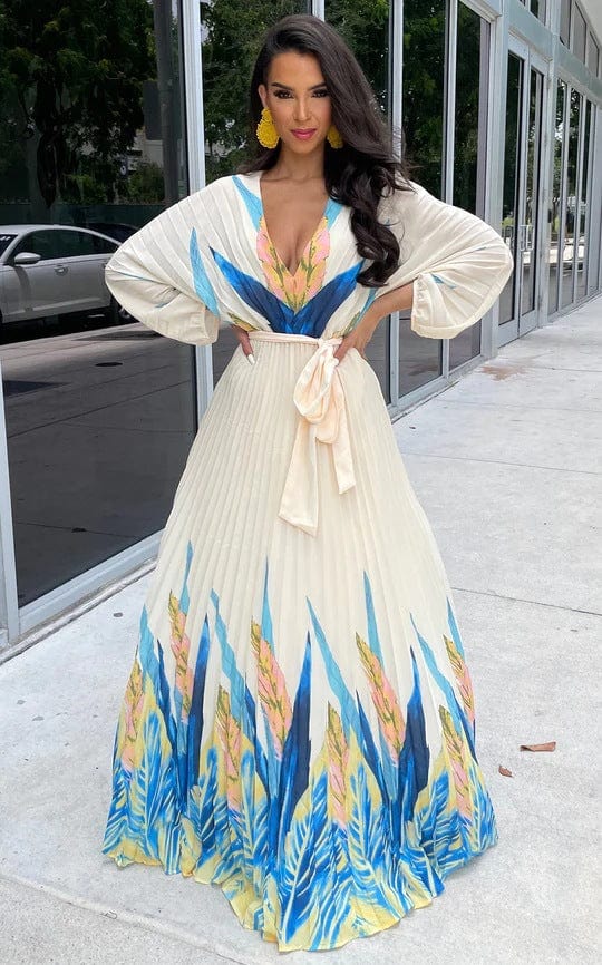 Fall 2023 Women Designer Clothes V Neck Long Sleeve Waistband Printing Long Pleated Maxi Dresses  Elegant Bohemian Dresses