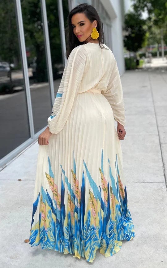 Fall 2023 Women Designer Clothes V Neck Long Sleeve Waistband Printing Long Pleated Maxi Dresses  Elegant Bohemian Dresses