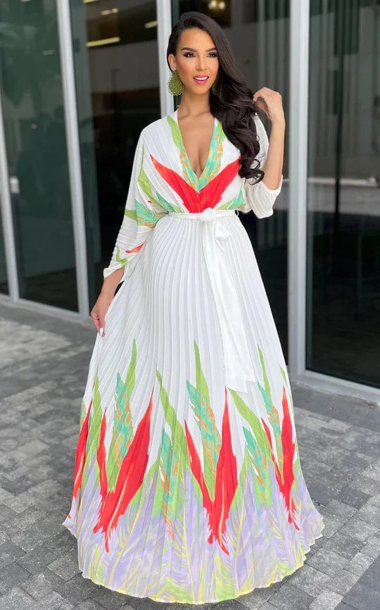 Fall 2023 Women Designer Clothes V Neck Long Sleeve Waistband Printing Long Pleated Maxi Dresses  Elegant Bohemian Dresses