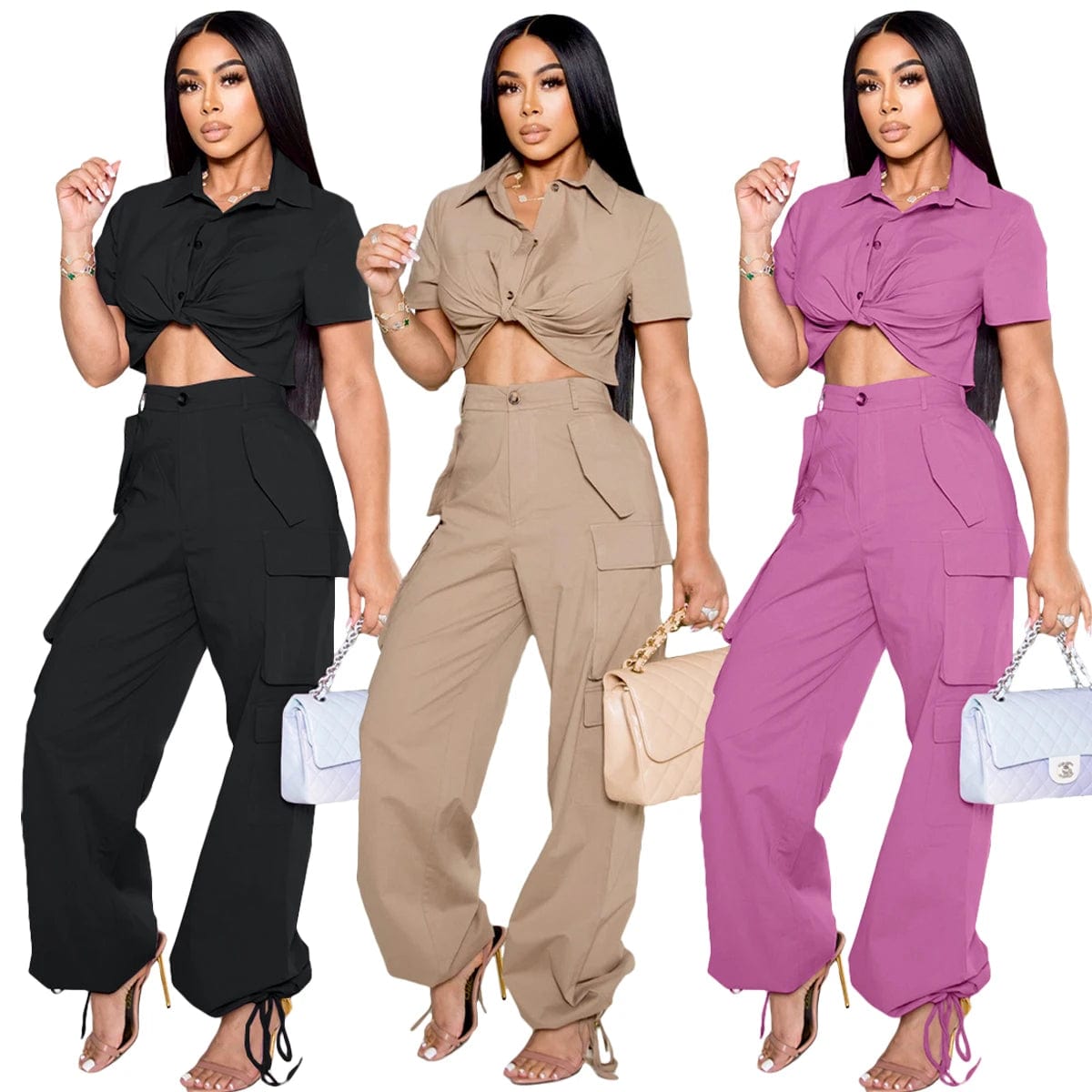 Fall 2023 Women's Set Short Sleeve Button Shirt Top and Side Pocket Cargo Trouser Pants Suits Safari Tracksuit 2 Piece Pant Sets