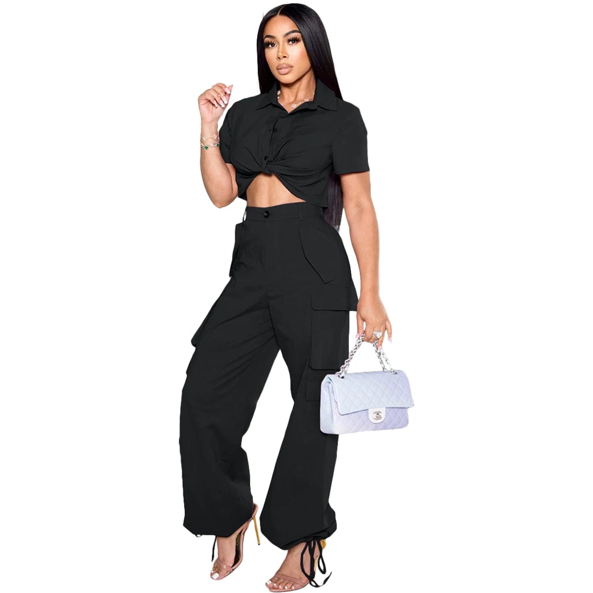 Fall 2023 Women's Set Short Sleeve Button Shirt Top and Side Pocket Cargo Trouser Pants Suits Safari Tracksuit 2 Piece Pant Sets