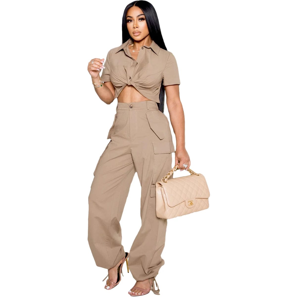 Fall 2023 Women's Set Short Sleeve Button Shirt Top and Side Pocket Cargo Trouser Pants Suits Safari Tracksuit 2 Piece Pant Sets