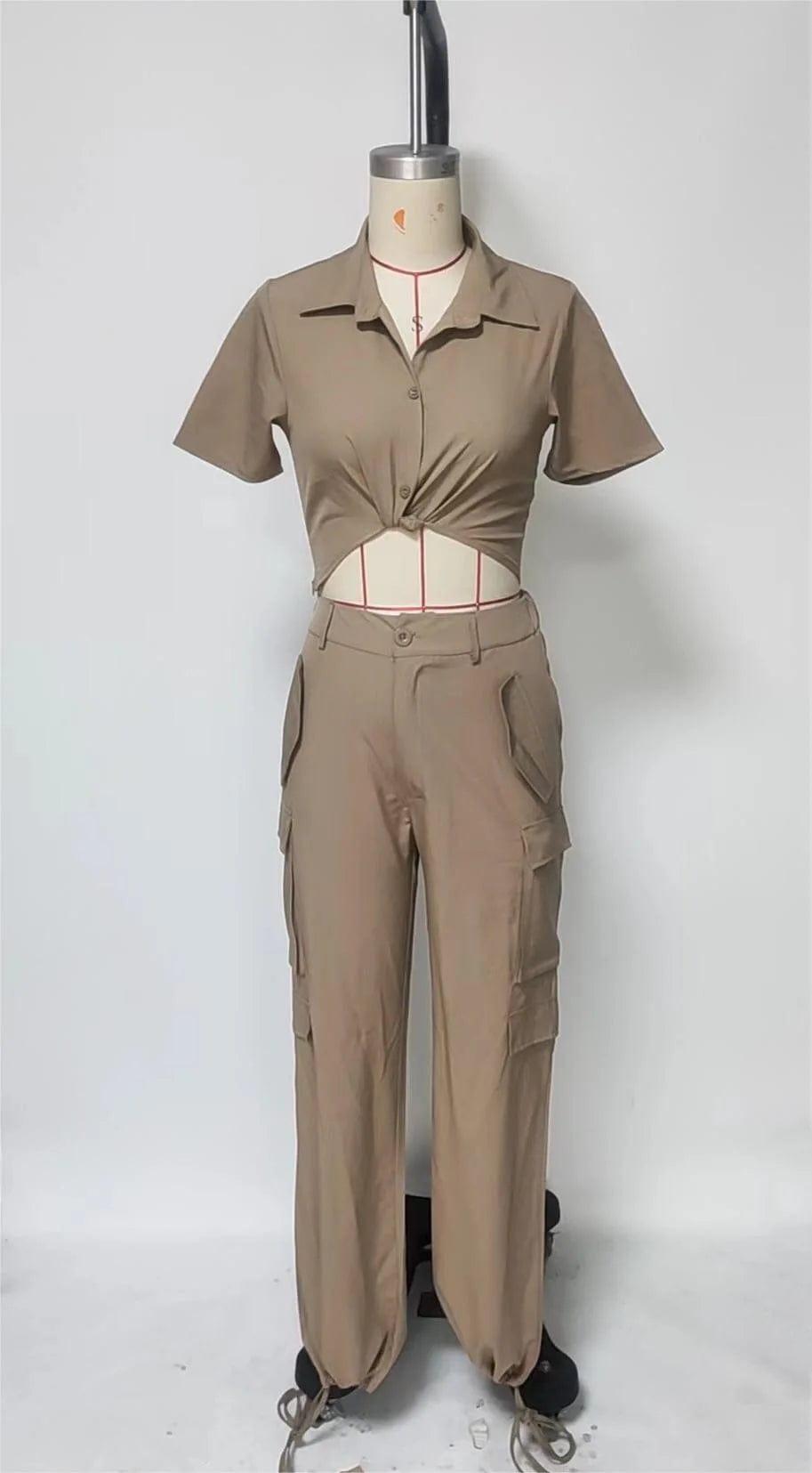 Fall 2023 Women's Set Short Sleeve Button Shirt Top and Side Pocket Cargo Trouser Pants Suits Safari Tracksuit 2 Piece Pant Sets