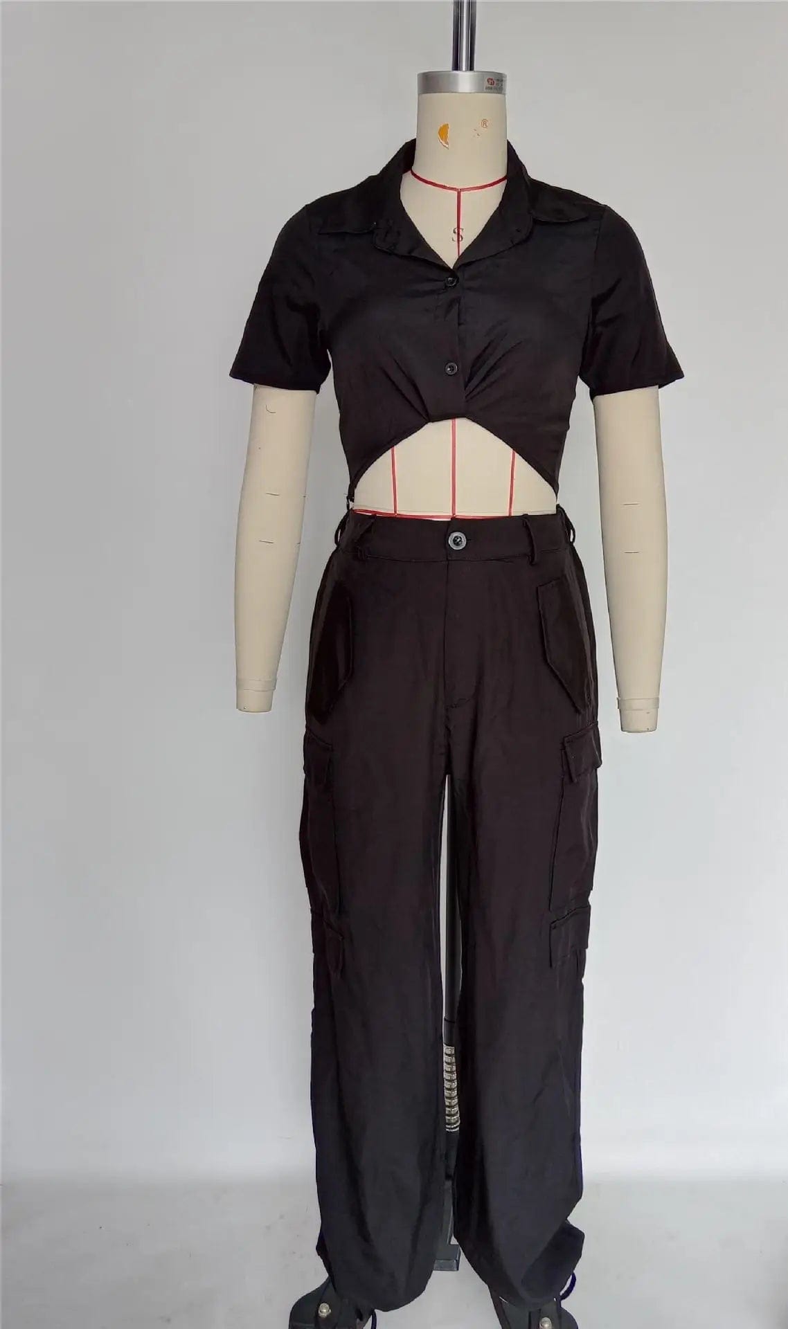 Fall 2023 Women's Set Short Sleeve Button Shirt Top and Side Pocket Cargo Trouser Pants Suits Safari Tracksuit 2 Piece Pant Sets