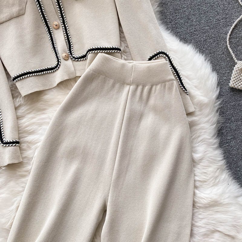 Fall ANSZKTN Empire Show Thin Single Breasted Knit Cardigan Two Piece Wide Leg Pants Set For Women
