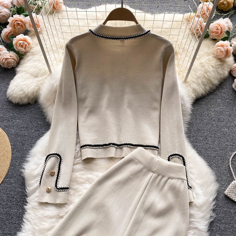 Fall ANSZKTN Empire Show Thin Single Breasted Knit Cardigan Two Piece Wide Leg Pants Set For Women