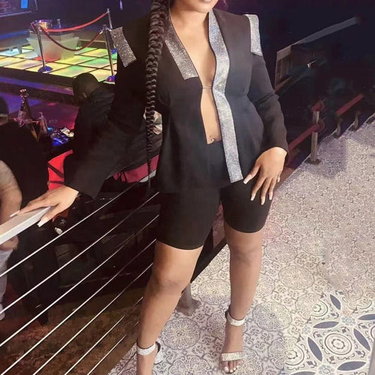 Fall autumn clothing shoulder padded women black blazer jacket casual ladies fashion unique rhinestone blazer