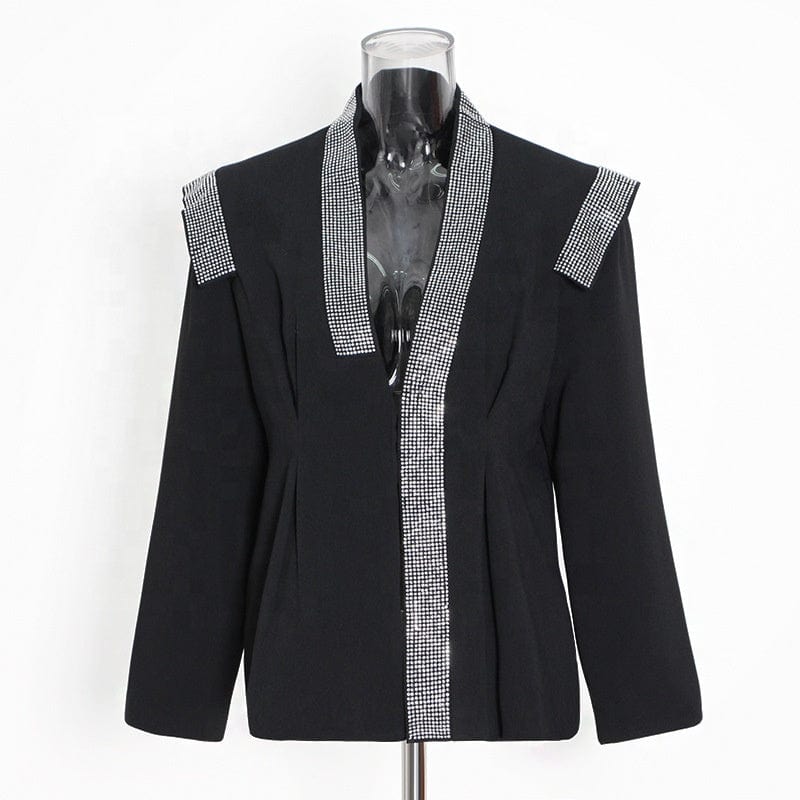 Fall autumn clothing shoulder padded women black blazer jacket casual ladies fashion unique rhinestone blazer