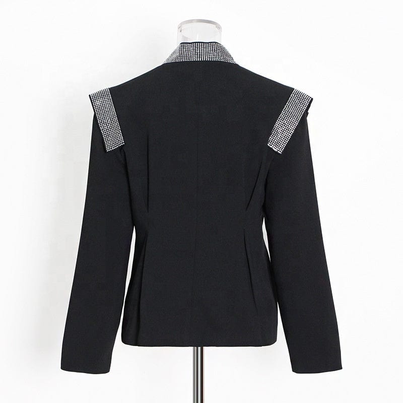 Fall autumn clothing shoulder padded women black blazer jacket casual ladies fashion unique rhinestone blazer