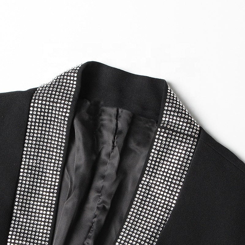 Fall autumn clothing shoulder padded women black blazer jacket casual ladies fashion unique rhinestone blazer