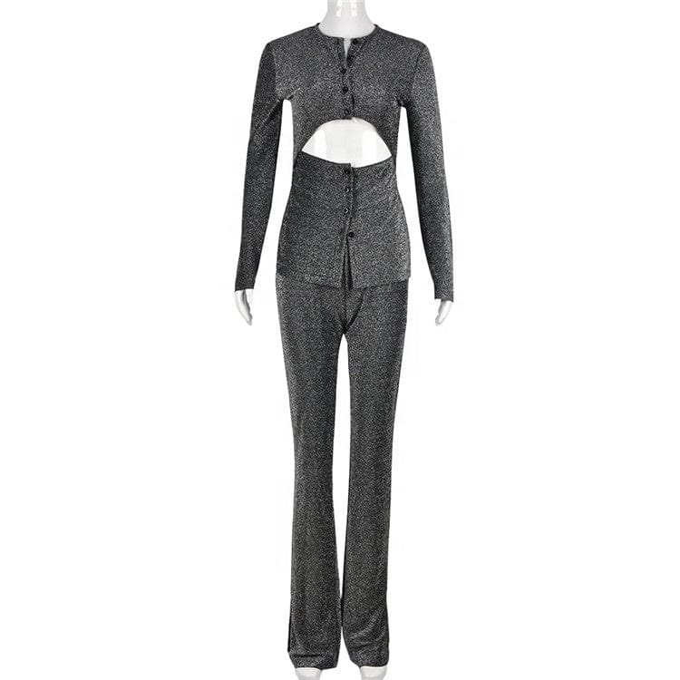 Fall Casual Matching Sets Gray 2 Two Piece Sets Womens Outfits 2023 Hollow Out Long Sleeve Tops And Pants Sets