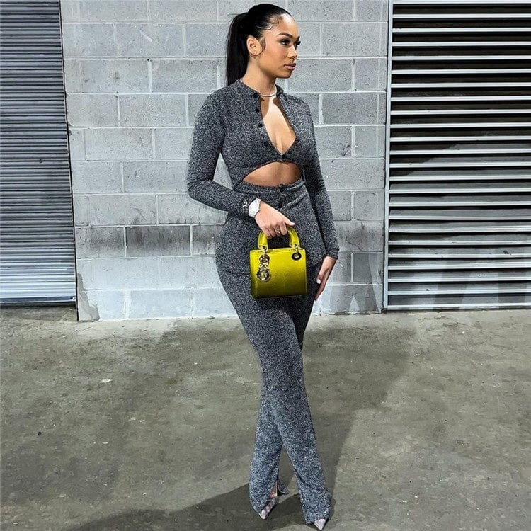 Fall Casual Matching Sets Gray 2 Two Piece Sets Womens Outfits 2023 Hollow Out Long Sleeve Tops And Pants Sets