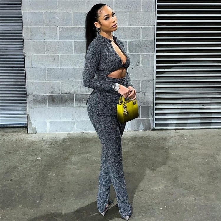 Fall Casual Matching Sets Gray 2 Two Piece Sets Womens Outfits 2023 Hollow Out Long Sleeve Tops And Pants Sets