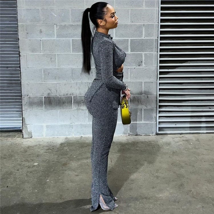 Fall Casual Matching Sets Gray 2 Two Piece Sets Womens Outfits 2023 Hollow Out Long Sleeve Tops And Pants Sets