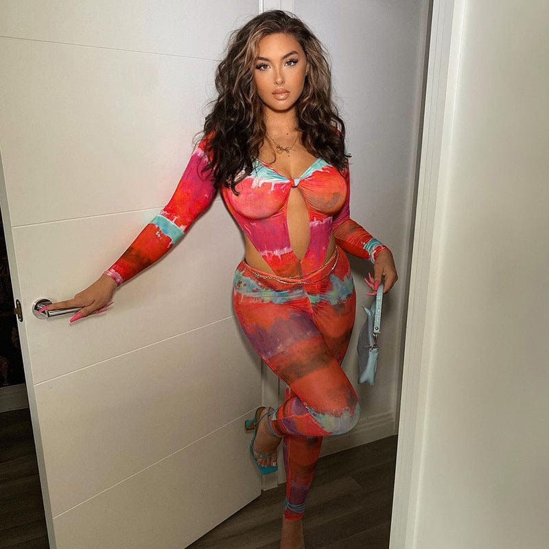 Fall Casual Mesh Outfit Long Sleeve Bodysuit High Waist Pants Tie - Dye Jumpsuits Two Piece Set For Women