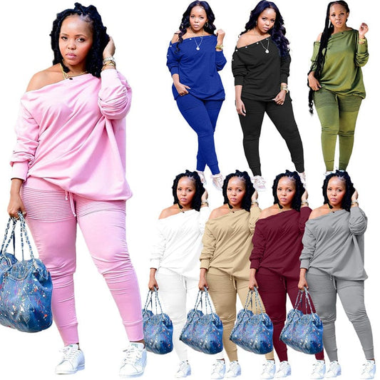 Fall clothes women one off the shoulder top sweater with button casual two piece pants set
