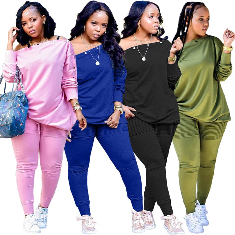 Fall clothes women one off the shoulder top sweater with button casual two piece pants set