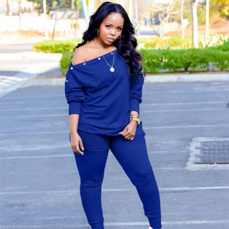 Fall clothes women one off the shoulder top sweater with button casual two piece pants set