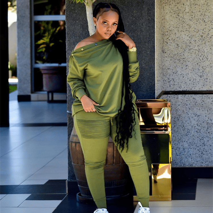 Fall clothes women one off the shoulder top sweater with button casual two piece pants set