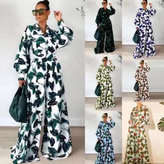 Fall Custom Casual Printed Long Sleeve Shirts Blouse Tops Wide Leg Pants Women Two Piece Outfits Set