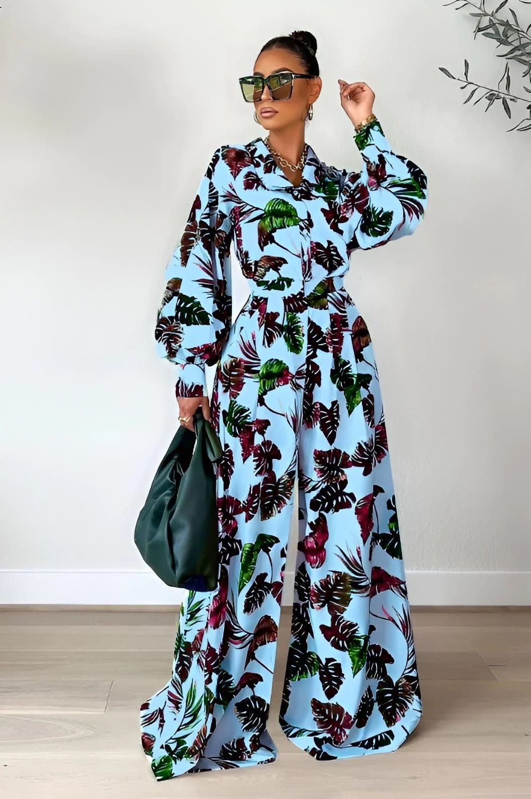 Fall Custom Casual Printed Long Sleeve Shirts Blouse Tops Wide Leg Pants Women Two Piece Outfits Set