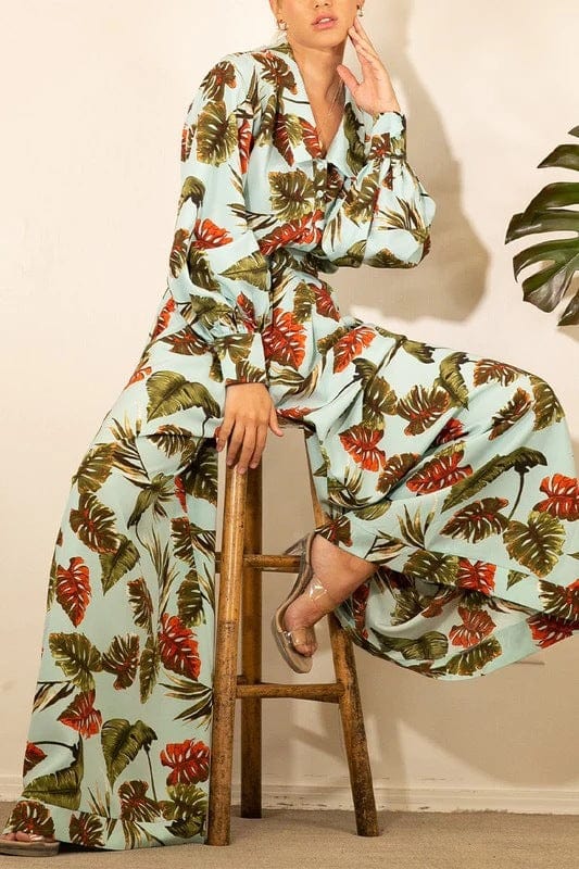 Fall Custom Casual Printed Long Sleeve Shirts Blouse Tops Wide Leg Pants Women Two Piece Outfits Set