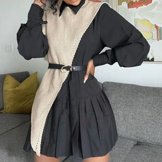 Fall fashion ladies two piece set women clothing dress irregular knit vest waistcoat long sleeve pleated shirt dress