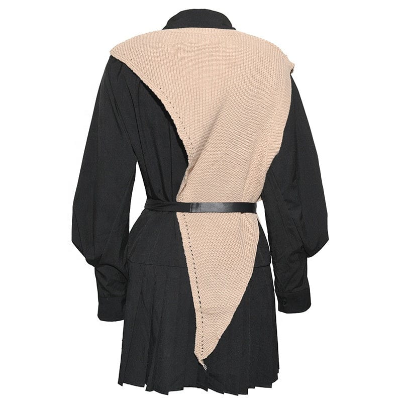 Fall fashion ladies two piece set women clothing dress irregular knit vest waistcoat long sleeve pleated shirt dress