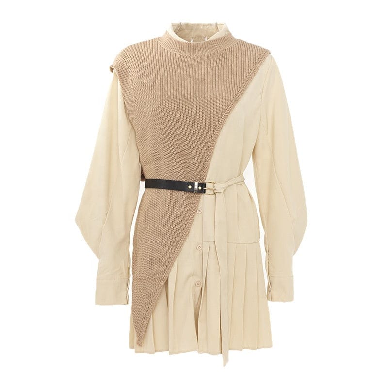 Fall fashion ladies two piece set women clothing dress irregular knit vest waistcoat long sleeve pleated shirt dress