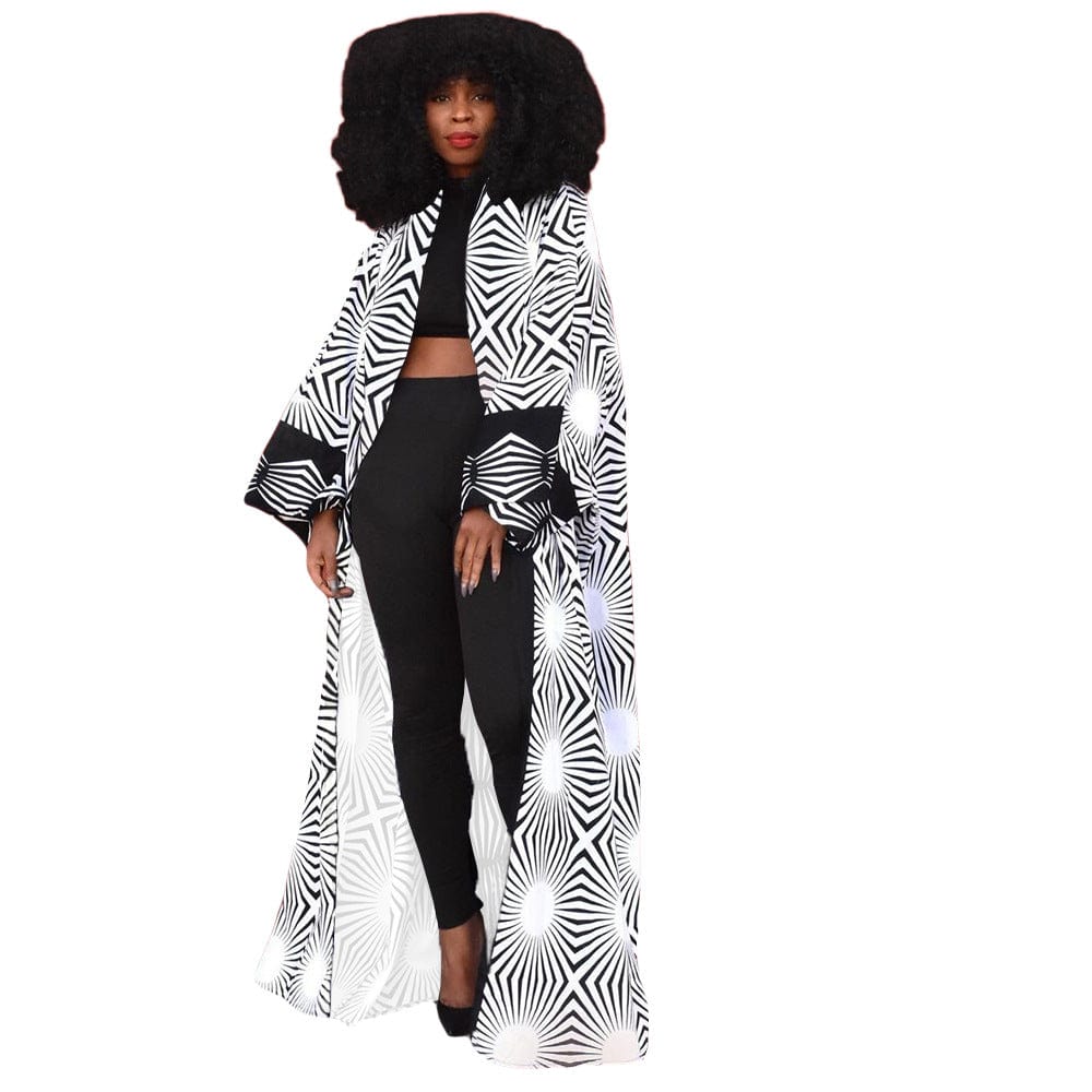 Fall Fashion New African Printed Jacket Dress Women's Flare Sleeve Front Zipper Office Maxi Coat Dress Printed
