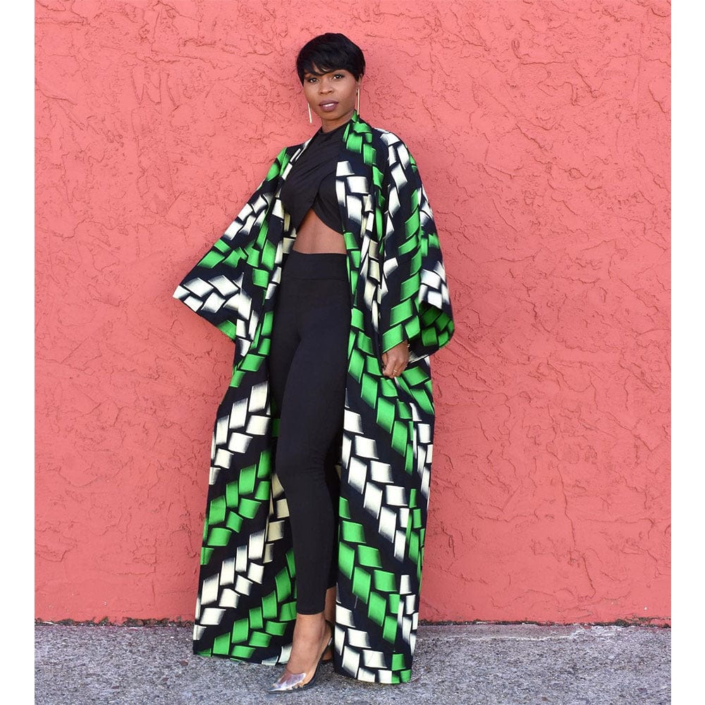 Fall Fashion New African Printed Jacket Dress Women's Flare Sleeve Front Zipper Office Maxi Coat Dress Printed