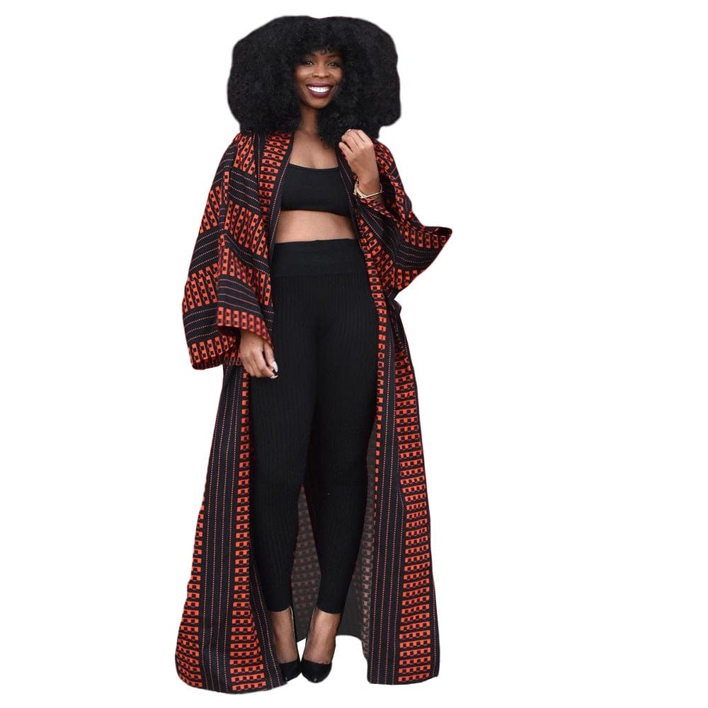 Fall Fashion New African Printed Jacket Dress Women's Flare Sleeve Front Zipper Office Maxi Coat Dress Printed