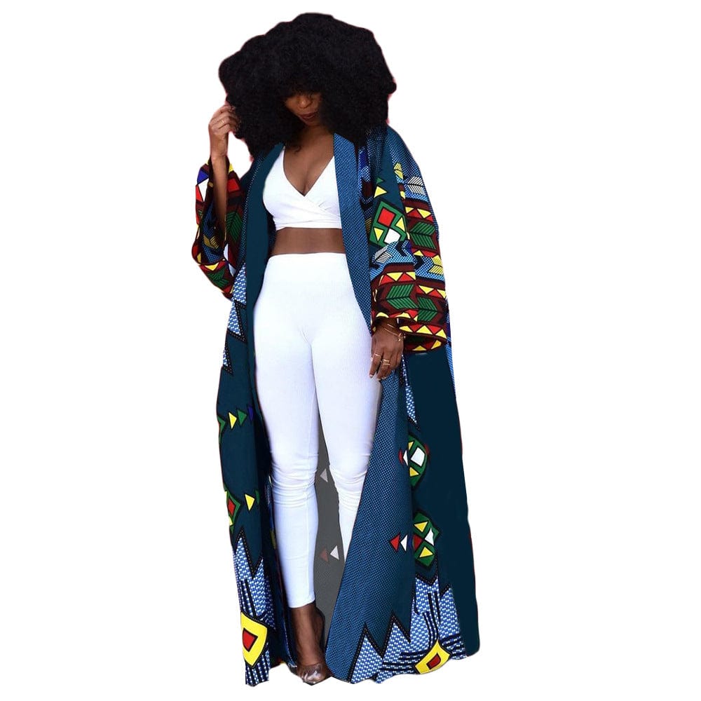 Fall Fashion New African Printed Jacket Dress Women's Flare Sleeve Front Zipper Office Maxi Coat Dress Printed
