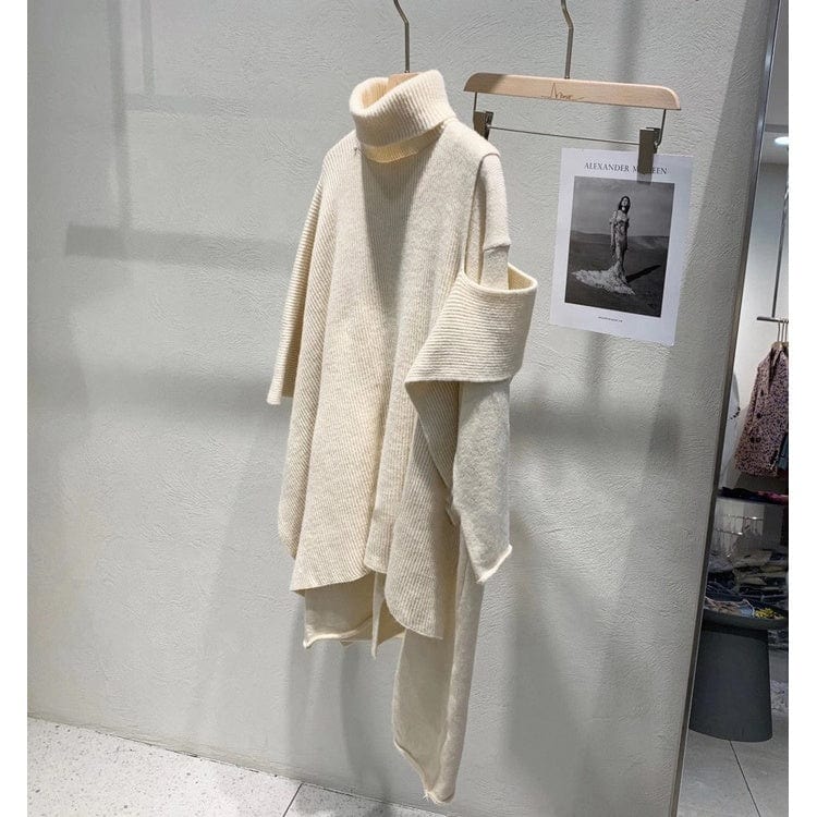 Fall ladies knitwear elegant turtleneck poncho 2 piece dress set vintage long sleeve ribbed knit sweater dress women clothing