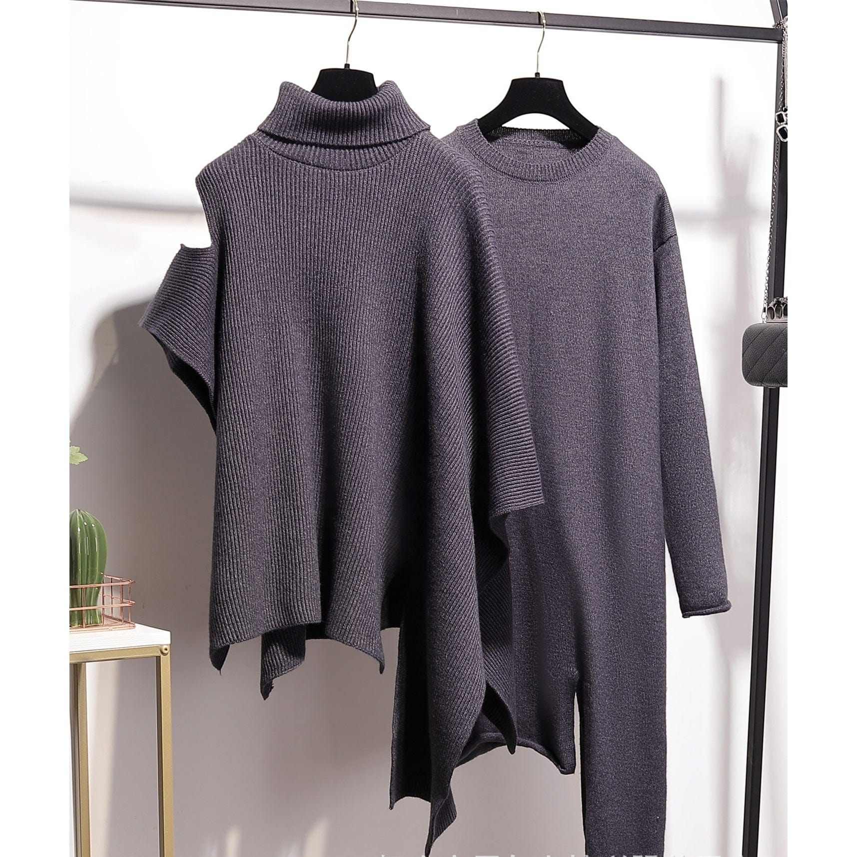 Fall ladies knitwear elegant turtleneck poncho 2 piece dress set vintage long sleeve ribbed knit sweater dress women clothing