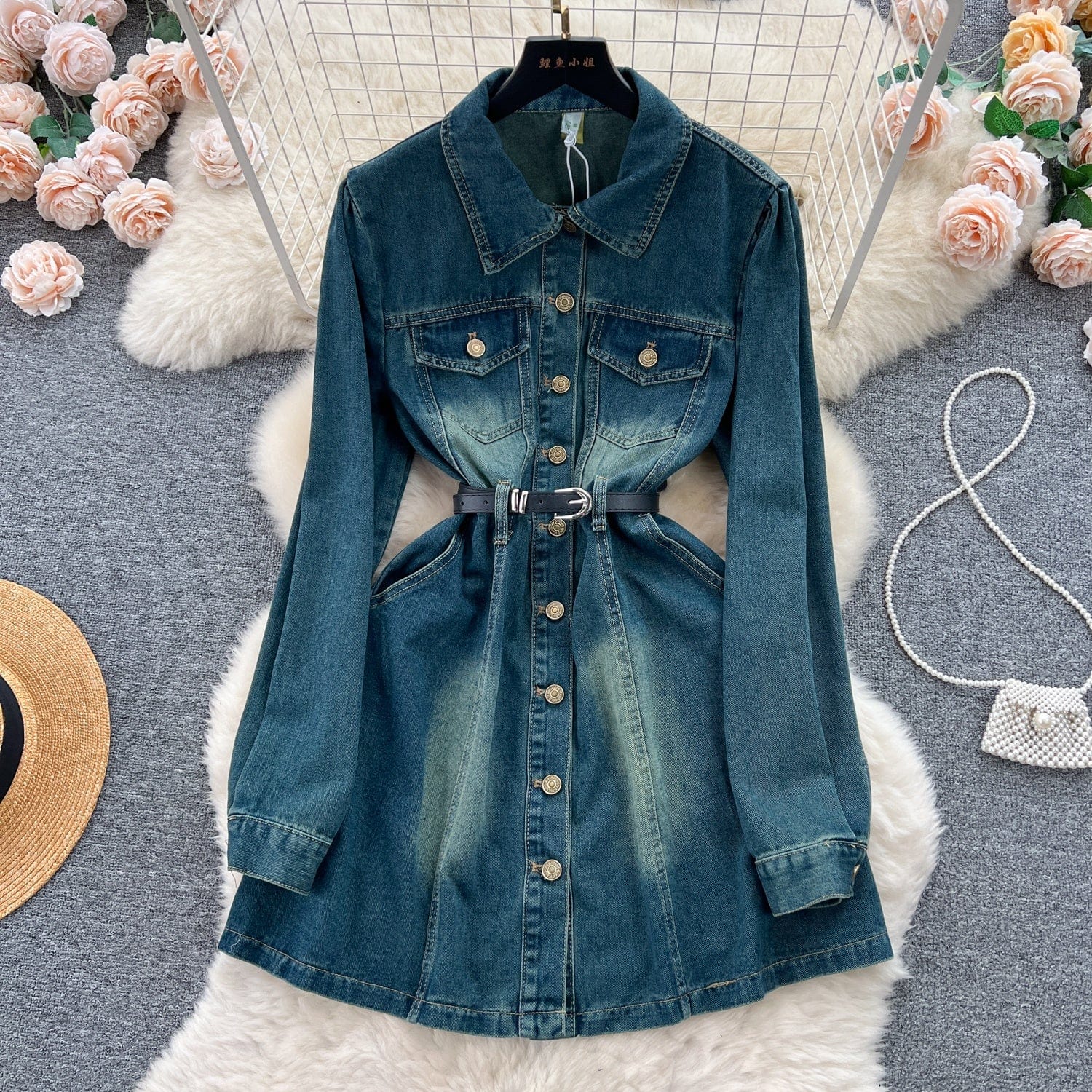 Fall New Age-Reducing Single-Breasted A-Line Dress Vintage Denim Long-Sleeved Dress Women