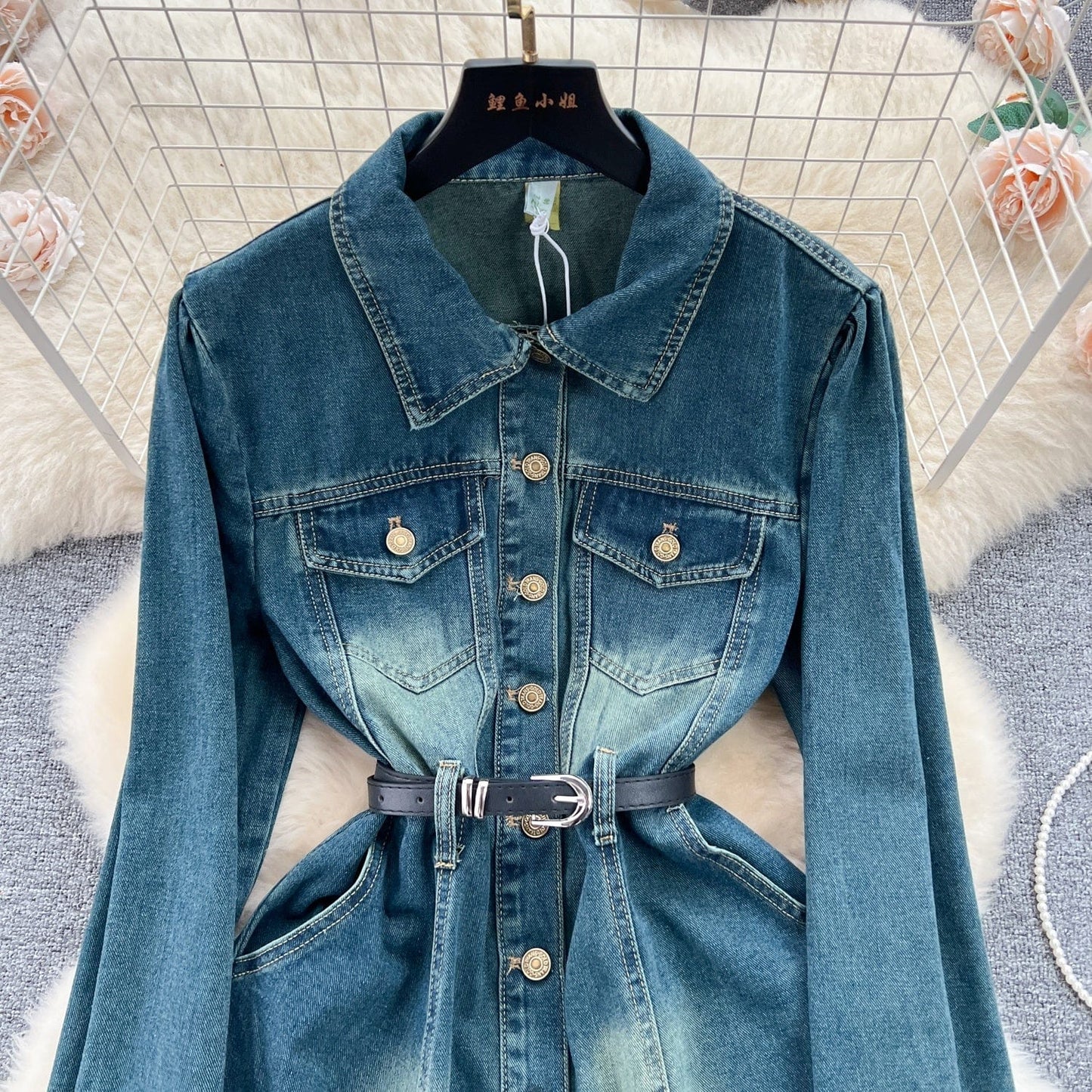 Fall New Age-Reducing Single-Breasted A-Line Dress Vintage Denim Long-Sleeved Dress Women